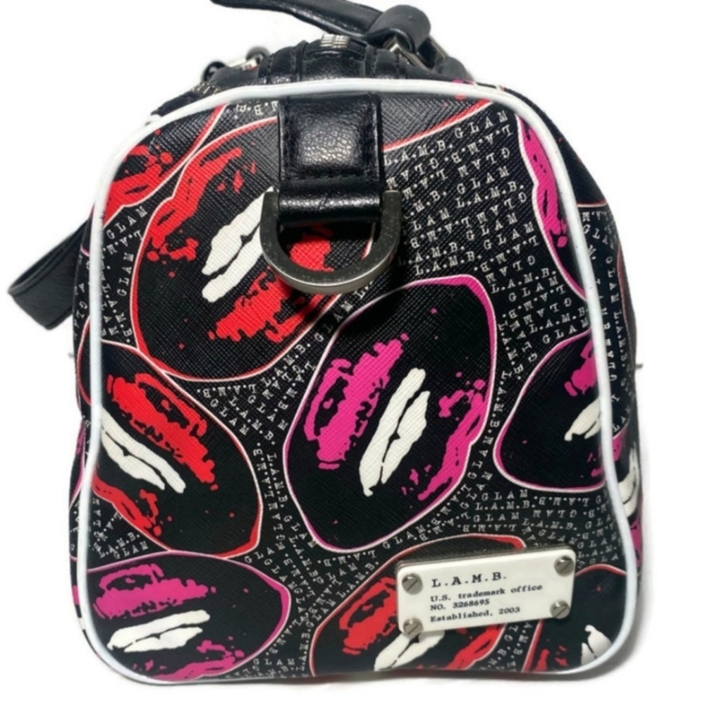 L.A.M.B. Worthington Satchel - Kiss 4 Me Print Black and Pink Women's Bag - Picture 8 of 11